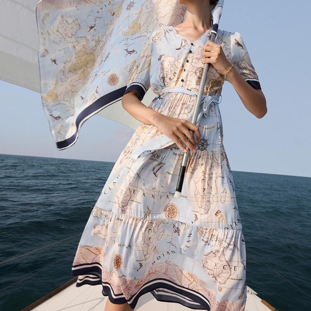 World map silk dress NWT